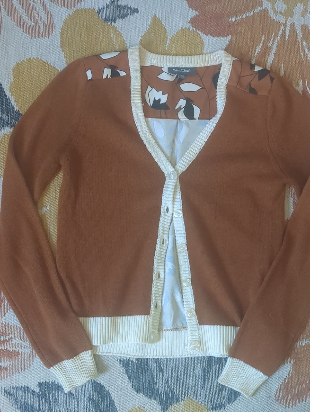 Modcloth Rust Brown Cardigan with Cream Trim